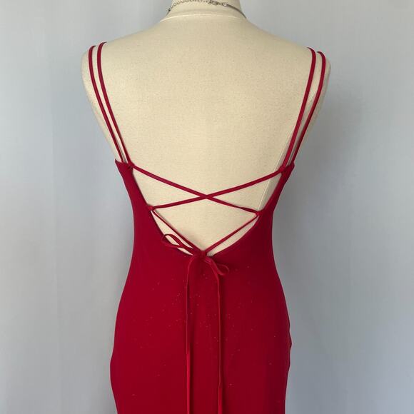 Vintage 90s Y2K Formal Dress Size Small Red Glitter Rhinestone Strappy Prom Long - Picture 8 of 16